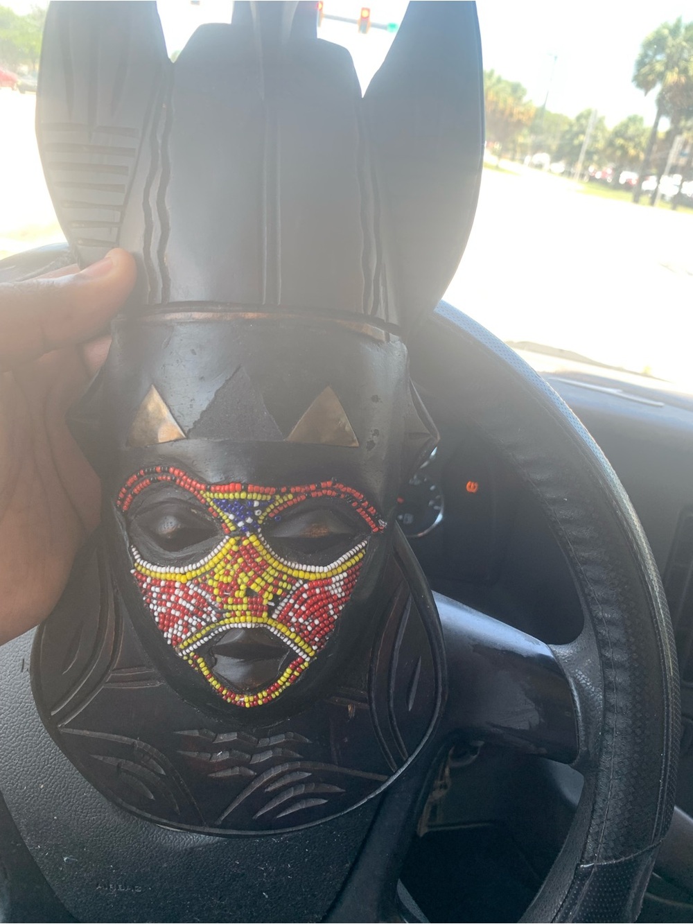 Handmade African Carved Wood Mask with Beaded Face